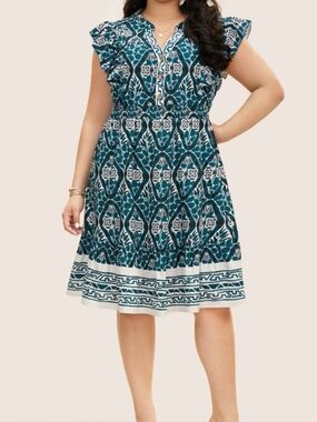 BloomChic Teal and White Patterned Midi Dress